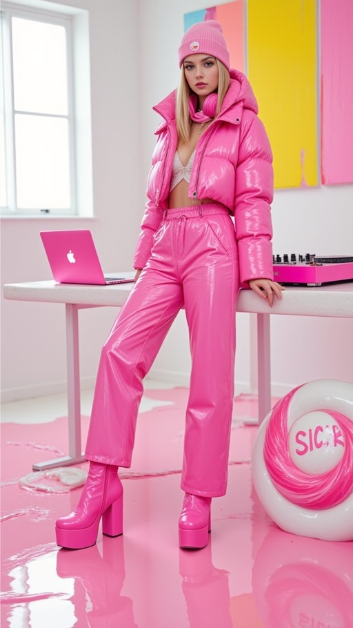 A blonde woman in a shiny pink puffer jacket and matching pants poses next to a desk with a laptop, wearing pink platform boots and a beanie.