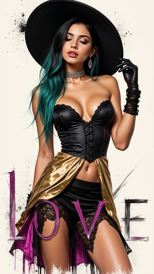 Dark-skinned woman with long black and teal hair wearing a large black hat, sparkly choker, black corset, and gold skirt posing near the word LOVE.