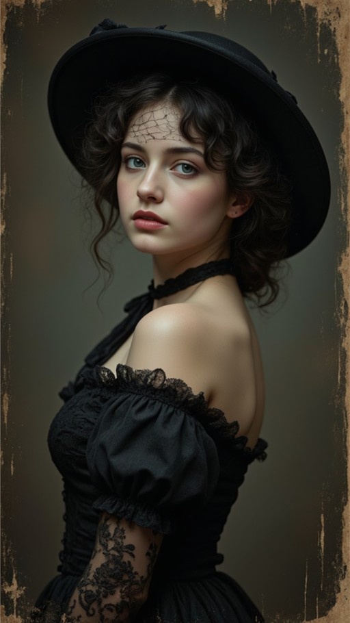A young woman with dark curly hair and blue eyes wearing a black wide-brimmed hat and a black off-the-shoulder lace dress, framed in an aged vintage style.