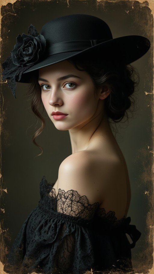 A realistic portrait of a young woman with brown hair wearing a black hat adorned with a large black rose and an off-the-shoulder black lace dress, framed by a vintage border.