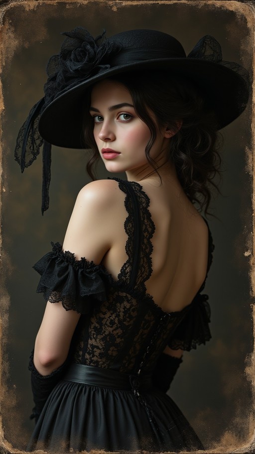 A woman in a black lace dress and large black hat looks over her shoulder at the viewer against a dark background.