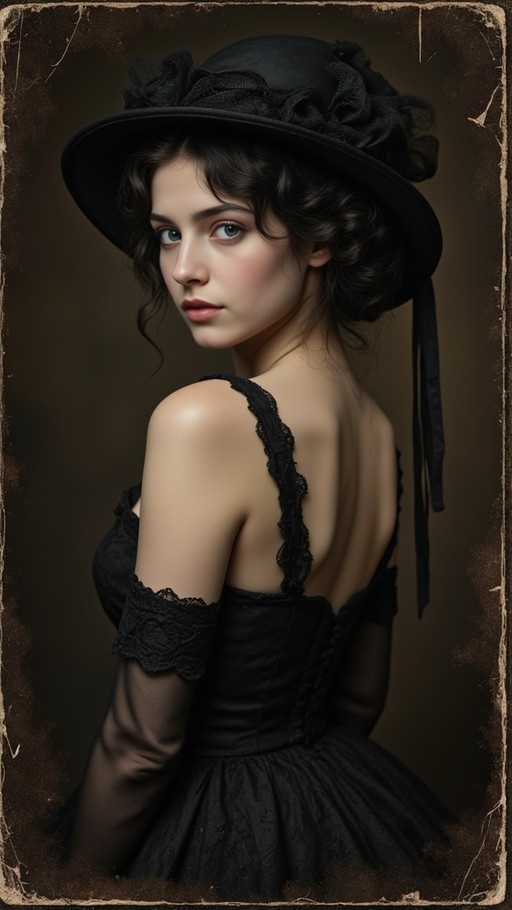 A realistic portrait of a young woman with dark curly hair and blue eyes wearing a large black hat and a backless black lace dress, looking over her shoulder against an aged background.