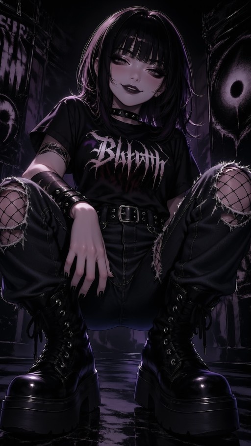 A goth girl with black hair and blunt bangs squats in a dark setting, wearing ripped jeans over fishnets, chunky platform boots, and a black graphic t-shirt.