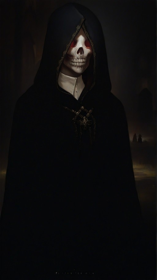 A digital painting of a skeletal figure wearing a black hooded robe with gold trim and glowing red eyes, standing in a dimly lit environment.