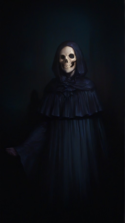 A solitary figure stands in shadow wearing a long black hooded robe with ruffled sleeves and a realistic human skull mask.