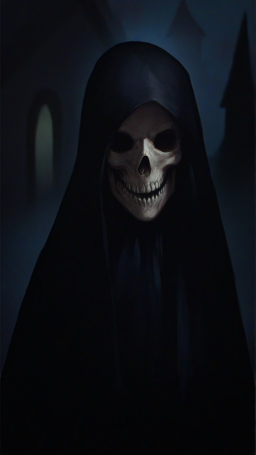 A digital illustration of a grinning skull wearing a dark hooded cloak against a blue background.