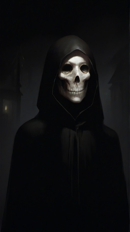 A solitary figure stands draped in a dark, flowing hooded cloak, their face concealed by a stark white skull mask.