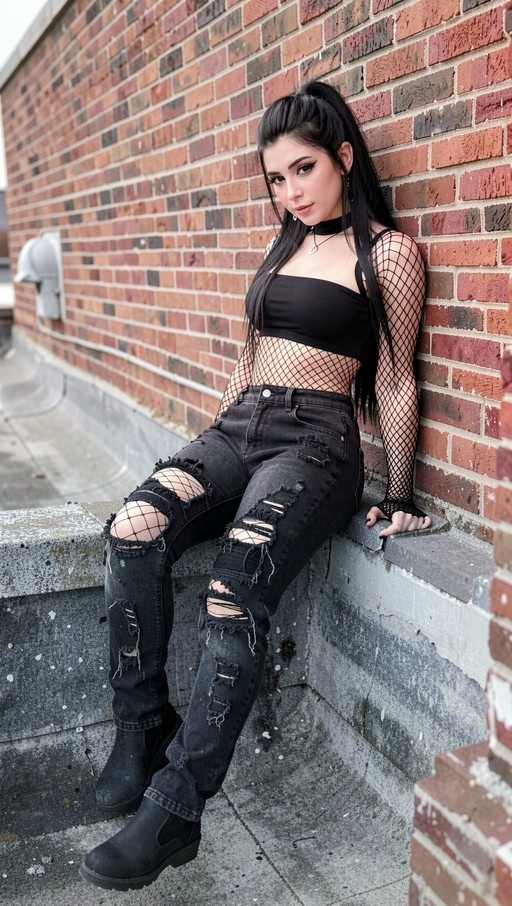 A young woman with long dark hair in a ponytail sits on concrete steps against a red brick wall, wearing a black tube top, fishnet sleeves, and ripped black jeans.