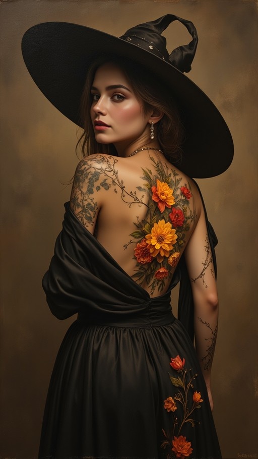A realistic digital portrait of a woman in a black witch hat and backless dress, turning to reveal a colorful floral tattoo on her bare back.