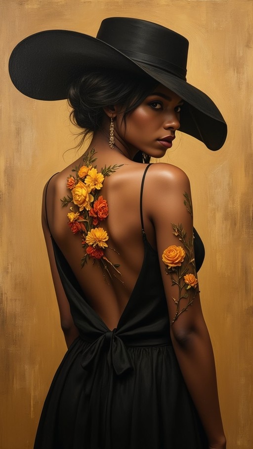 A dark-skinned woman in a wide-brimmed black hat and backless black dress looks over her shoulder with yellow flowers blooming from tattoos on her back.