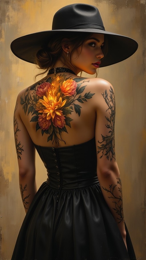A woman with brown hair in a bun wearing a black wide-brimmed hat and strapless black dress turns to look over her shoulder, displaying a large colorful floral tattoo on her upper back and vine tattoos on her arms.