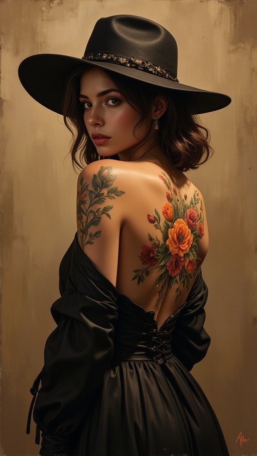 A woman with brown hair wearing a black hat and black backless dress looks over her shoulder, revealing colorful floral tattoos on her bare back.