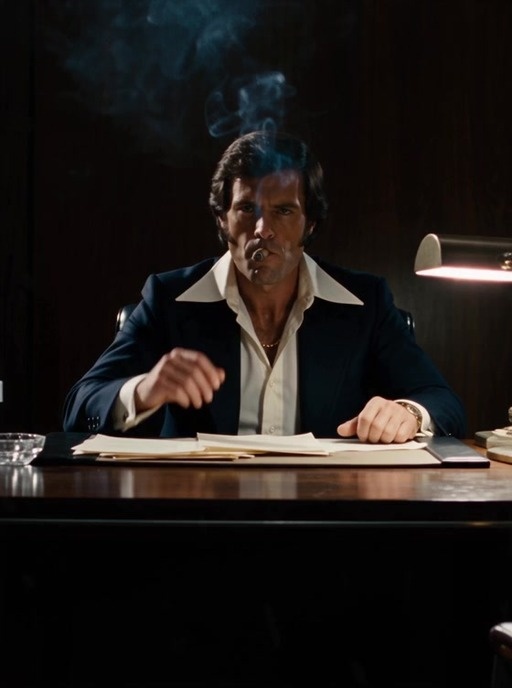 A man in his thirties dressed as a 1970s gangster sits at an office desk with a cigar in his mouth while speaking directly to the camera under warm vintage lighting.