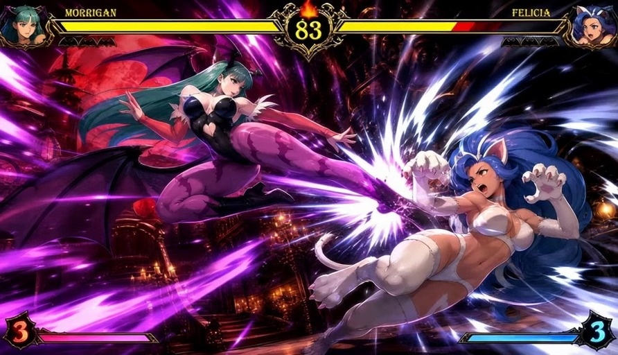 Two anime-style fighters, a green-haired cat girl and a blue-haired demon woman with wings, battle in midair against a red moon over a stone castle while a game interface displays their health bars.