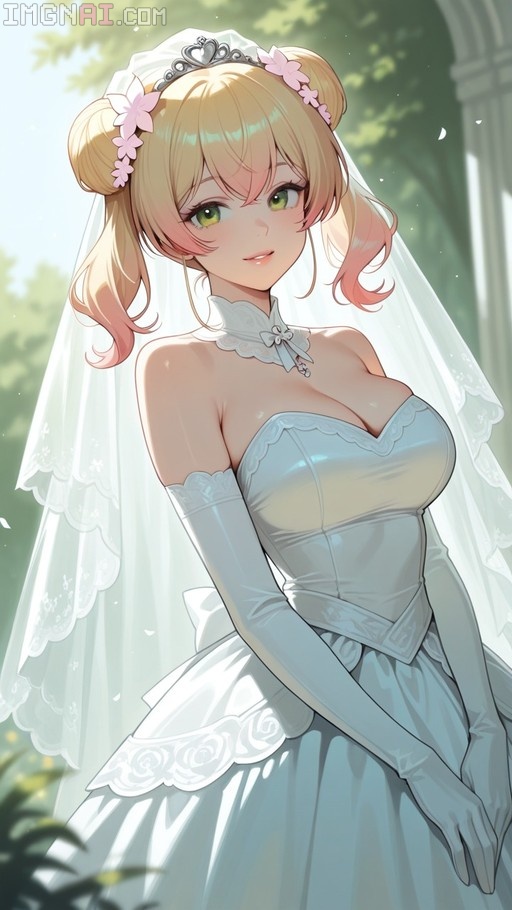 Momosuzu Nene wearing a white wedding dress with long gloves and a veil, standing outdoors.
