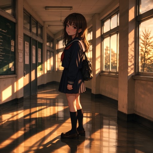 A full-body shot of an anime-style girl in a blue sailor uniform standing in a sunlit school hallway, looking back at the viewer with a black bag on her shoulder.