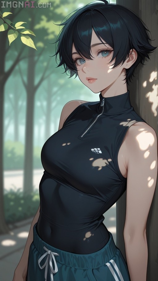 An anime-style illustration of a young woman with short black hair and blue eyes wearing a sleeveless black zip-up top and teal athletic shorts, standing outdoors in dappled sunlight near trees.