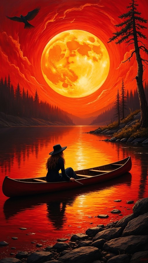 A woman in a black hat sits in a canoe on a calm lake, looking at a giant glowing orange moon in a swirling red sky with pine trees and a flying bird.