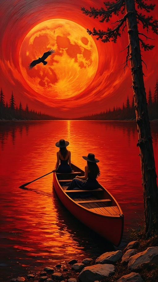 Two women in hats rowing a canoe on a lake under a large red moon with a bird flying by.