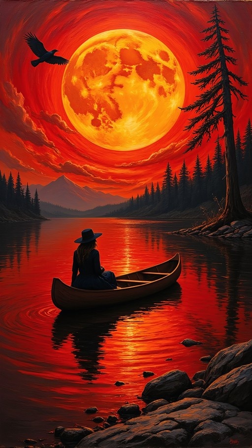 A person wearing a hat sits in a canoe on a calm lake beneath a giant glowing red moon, with a black bird flying near the light and tall pine trees along the rocky shore.