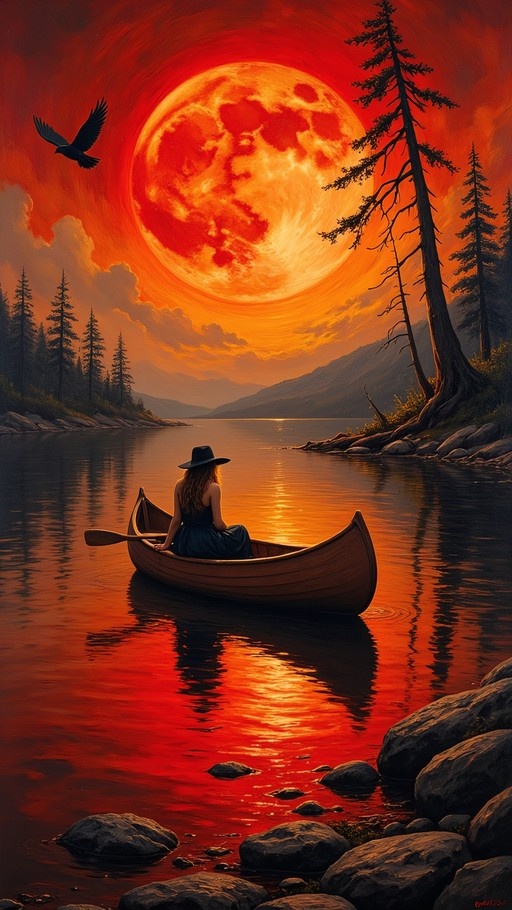 A woman wearing a hat sits in a wooden canoe on a calm lake, facing a large glowing red moon in the sky with pine trees and mountains in the background.
