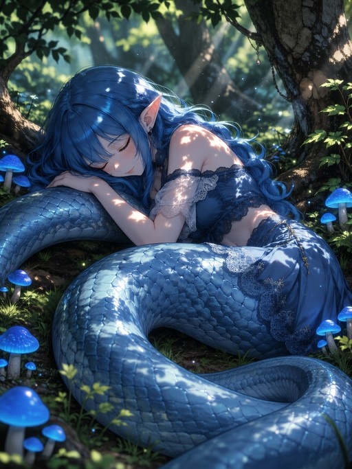 A blue-haired lamia with pointed ears sleeping peacefully on her scaled tail amidst glowing blue mushrooms in a sunlit forest.