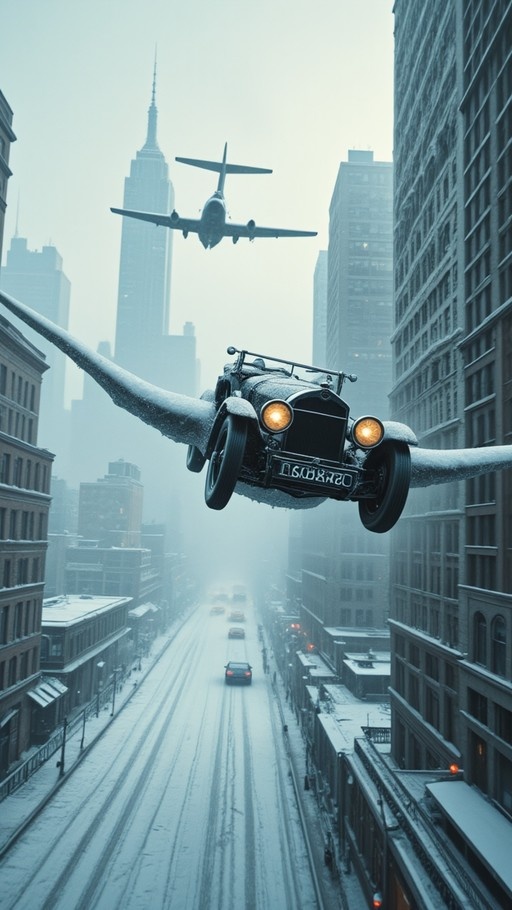 A vintage black car with large wings flies over a snowy city street with skyscrapers in the background.