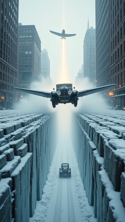 A vintage car with wings flies over a snowy trench in a city while an airplane shines a light down from above.