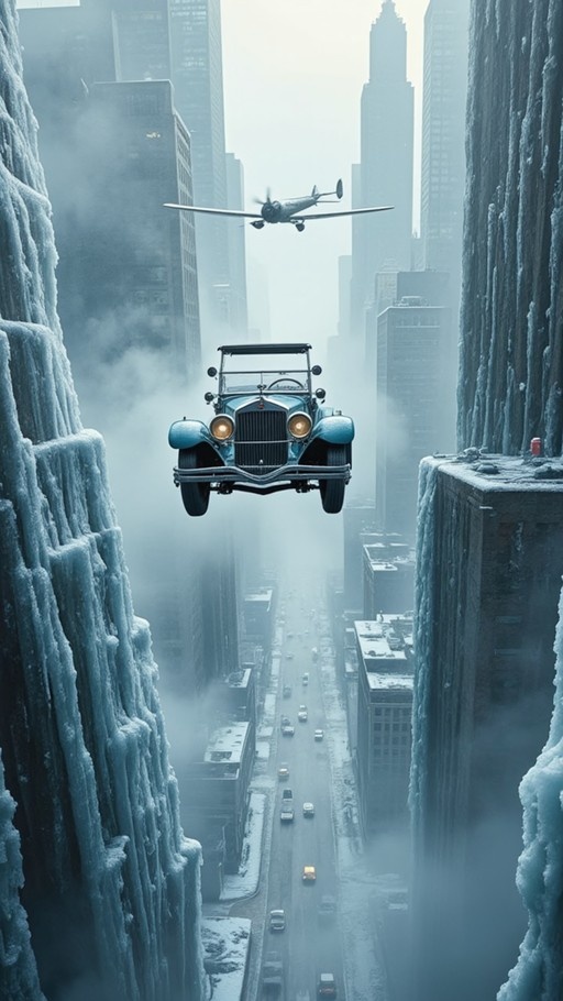 A classic blue convertible hovers in the air between two massive buildings covered in icicles, with a vintage airplane flying nearby and cars driving on the street below.