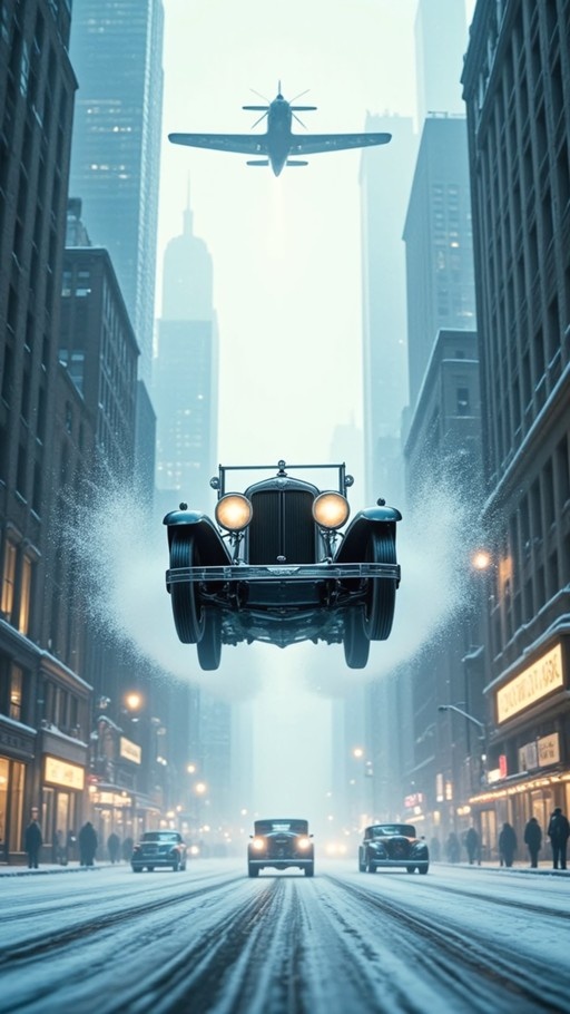 A vintage black car floats in mid-air above a snow-covered city street lined with tall buildings and other driving cars, while an airplane flies overhead in the foggy sky.