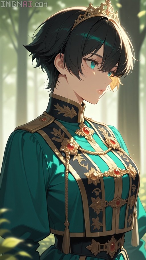 Anime girl with short black hair wearing a teal military uniform and golden tiara in a sunlit forest