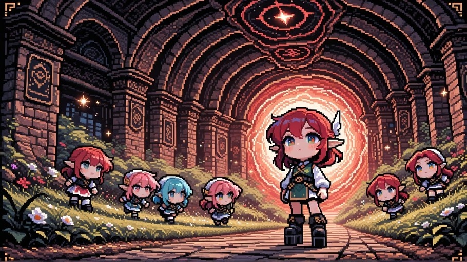 Pixel art of a red-haired elf girl with heterochromia standing in front of a glowing portal, surrounded by smaller chibi elf companions.