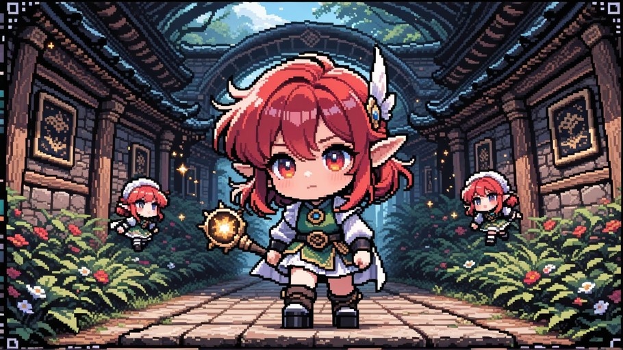 Pixel art of a chibi red-haired elf girl holding a glowing staff in a garden with two smaller versions of herself.