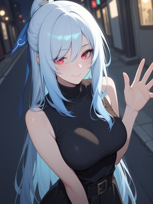 Jingliu from Honkai: Star Rail with long white hair and red eyes waves at the viewer on a city street at night, wearing a black sleeveless turtleneck top.