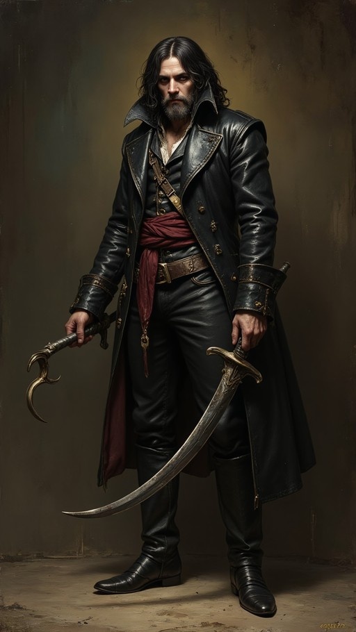 A realistic digital illustration of a bearded pirate in a black leather coat holding two curved swords.