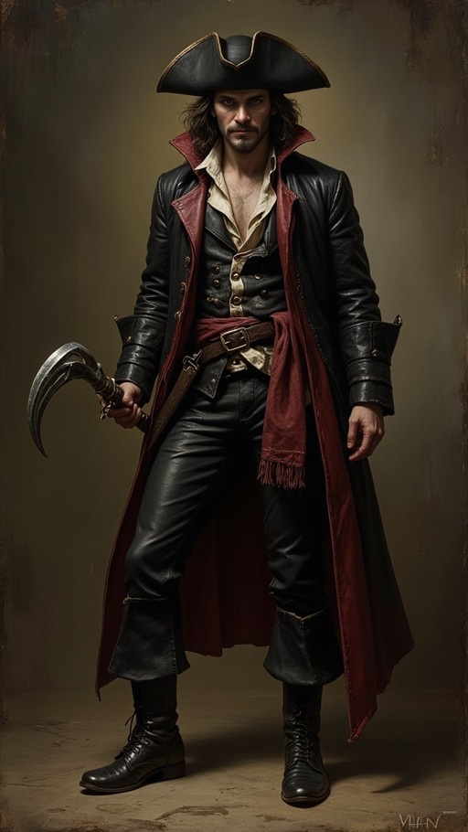 A realistic digital painting of a male pirate captain wearing a black tricorne hat and long black coat with red lining, holding a curved blade.