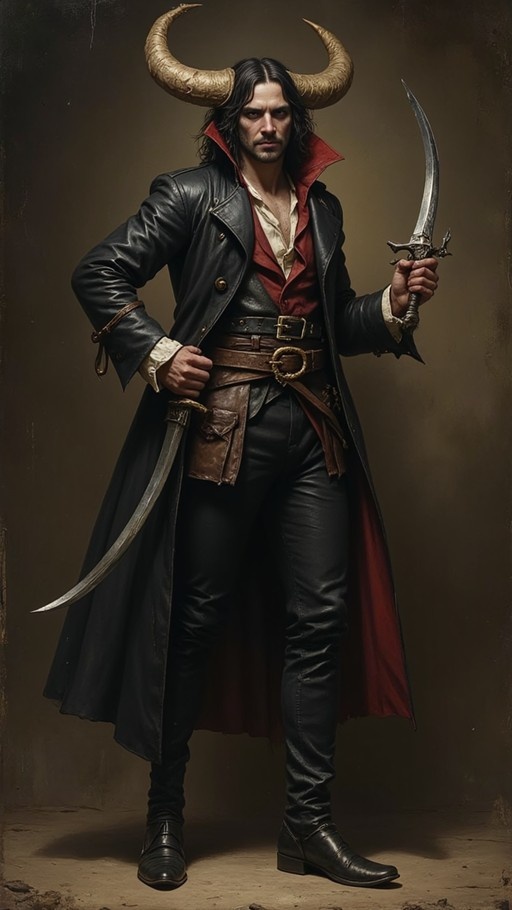 Full-body illustration of a horned male warrior in a black leather coat holding a curved sword.