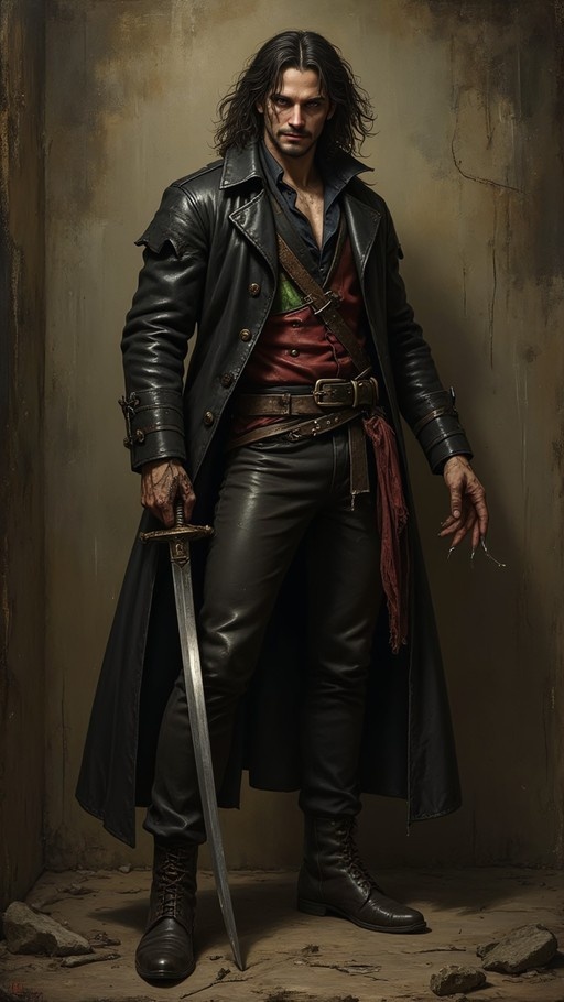 Full-body digital illustration of a man in a black leather coat and red vest holding a sword in a dimly lit room.
