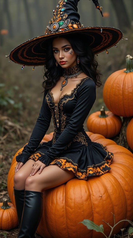 A dark-skinned woman in a detailed witch costume with an ornate hat sits on large orange pumpkins in a wooded area.