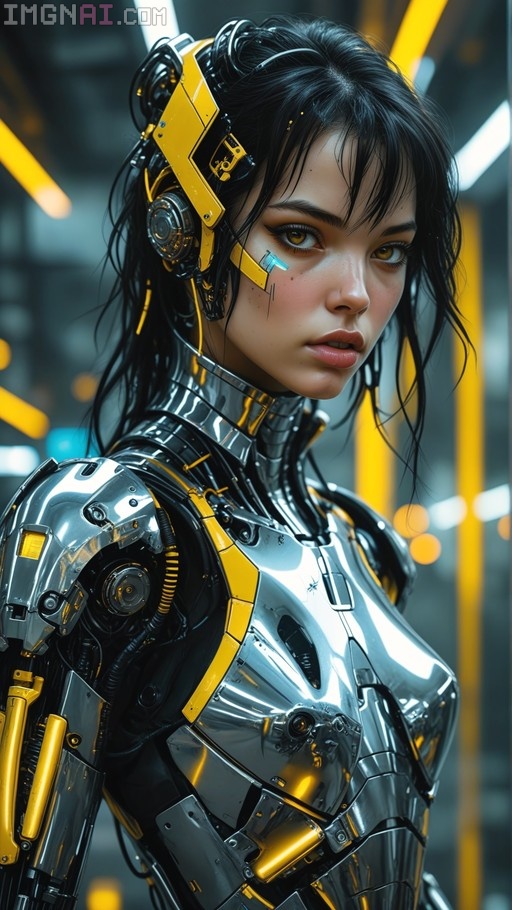 A portrait of a female cyborg with black hair and amber eyes, wearing a shiny silver and yellow mechanical exoskeleton in an industrial setting.