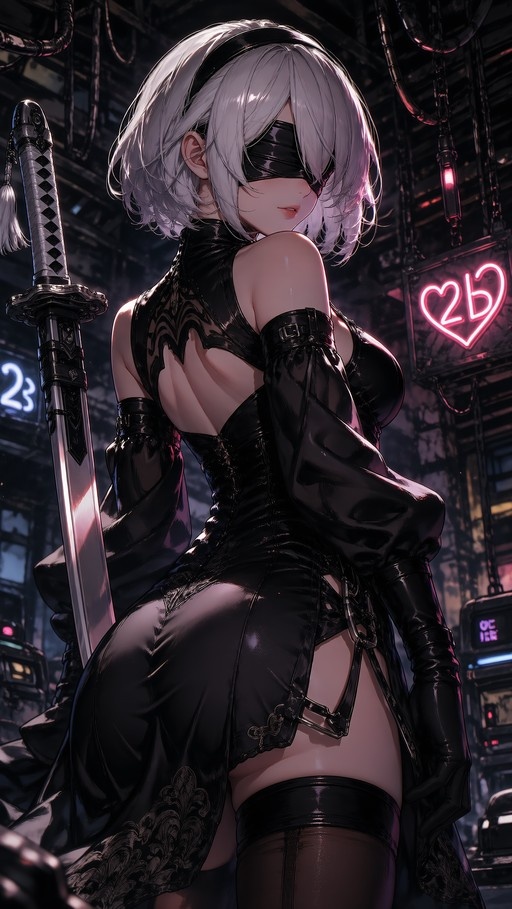 A digital illustration of 2B from Nier: Automata with white hair and a black blindfold, wearing a shiny black dress and holding a katana in a dark setting with neon lights.