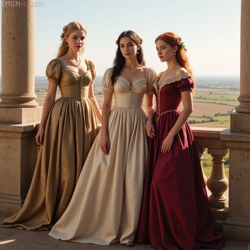 Three women in long historical dresses standing on a balcony with flowers in their hair.