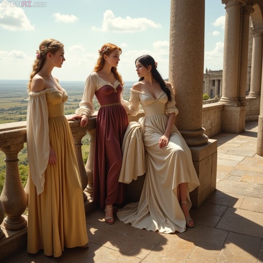 Three women in long dresses standing and sitting on a stone balcony with columns.
