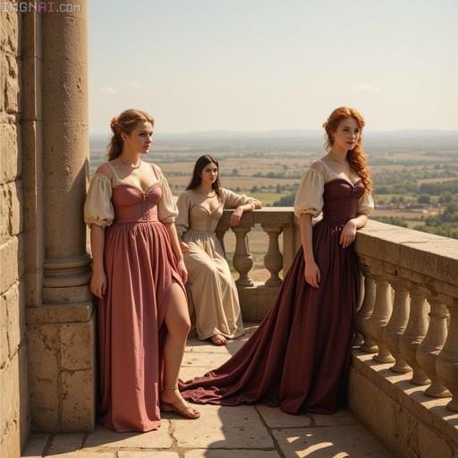 Three women in long, colorful historical dresses standing and sitting on a stone balcony overlooking a rural landscape.