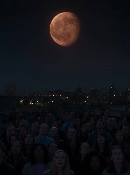 A crimson full moon in a dark night sky begins to crack with bright violet light as glowing fragments scatter across the atmosphere above a cityscape.