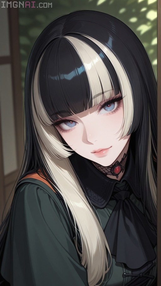 An anime-style portrait of Juufuutei Raden with black and white hair, blue eyes, and a black lace choker with a red gem.