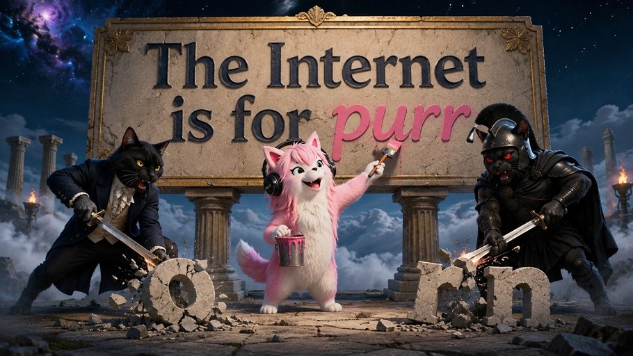 A pink furry cat paints 'purr' on a sign while armored cats smash letters in ruins.