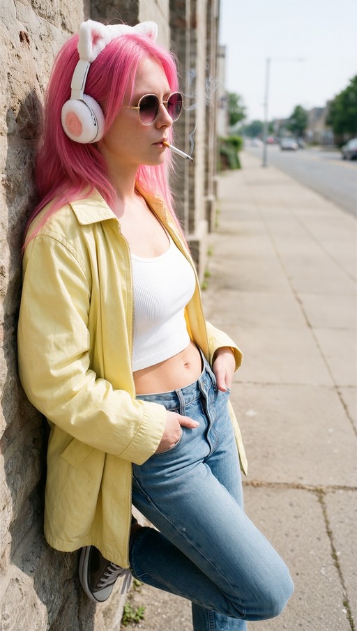 A pink-haired woman wearing cat ear headphones and a yellow jacket leans against a wall smoking a cigarette on a sunny street.