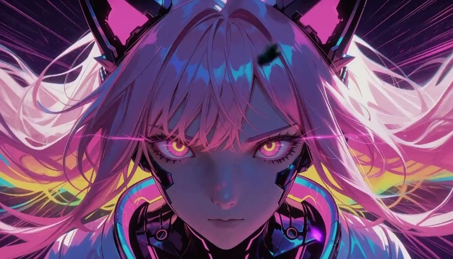 A close-up of a pink-haired anime girl with mechanical cat ears and glowing yellow eyes transitions to a wide shot of her walking through a burning city alongside a dark-haired woman with a gun and a blonde angel with white wings.