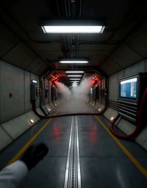 First-person view of a scientist running through a futuristic hallway and bursting outside as the ground cracks open with glowing energy and the sky distorts into a vortex.
